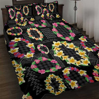 Hawaiian Kakau Tattoo Leis and Palaka Pattern Quilt Bed Set Traditional Aloha Tribal Black Color