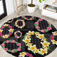 Hawaiian Kakau Tattoo Leis and Palaka Pattern Round Carpet Traditional Aloha Tribal Black Color