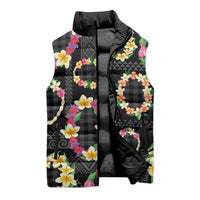 Hawaiian Kakau Tattoo Leis and Palaka Pattern Sleeveless Puffer Jacket Traditional Aloha Tribal Black Color