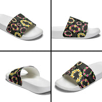 Hawaiian Kakau Tattoo Leis and Palaka Pattern Slide Sandals Traditional Aloha Tribal Black Color