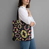 Hawaiian Kakau Tattoo Leis and Palaka Pattern Tote Bag Traditional Aloha Tribal Black Color