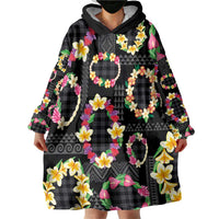 Hawaiian Kakau Tattoo Leis and Palaka Pattern Wearable Blanket Hoodie Traditional Aloha Tribal Black Color