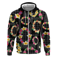 Hawaiian Kakau Tattoo Leis and Palaka Pattern Zip Hoodie Traditional Aloha Tribal Black Color