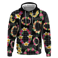 Hawaiian Kakau Tattoo Leis and Palaka Pattern Zip Hoodie Traditional Aloha Tribal Black Color