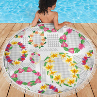 Hawaiian Kakau Tattoo Leis and Palaka Pattern Beach Blanket Traditional Aloha Tribal White Color