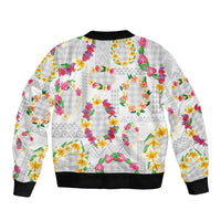 Hawaiian Kakau Tattoo Leis and Palaka Pattern Bomber Jacket Traditional Aloha Tribal White Color