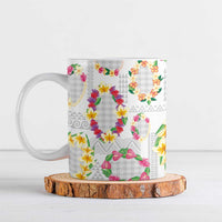 Hawaiian Kakau Tattoo Leis and Palaka Pattern Ceramic Mug Traditional Aloha Tribal White Color