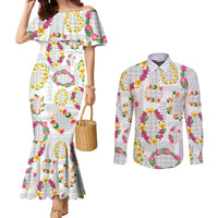 Hawaiian Kakau Tattoo Leis and Palaka Pattern Couples Matching Mermaid Dress and Long Sleeve Button Shirt Traditional Aloha Tribal White Color LT03 White - Polynesian Pride