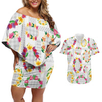 Hawaiian Kakau Tattoo Leis and Palaka Pattern Couples Matching Off Shoulder Short Dress and Hawaiian Shirt Traditional Aloha Tribal White Color LT03 White - Polynesian Pride