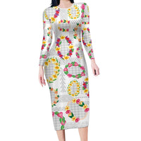 Hawaiian Kakau Tattoo Leis and Palaka Pattern Family Matching Long Sleeve Bodycon Dress and Hawaiian Shirt Traditional Aloha Tribal White Color LT03 Mom's Dress White - Polynesian Pride