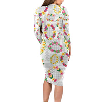 Hawaiian Kakau Tattoo Leis and Palaka Pattern Family Matching Long Sleeve Bodycon Dress and Hawaiian Shirt Traditional Aloha Tribal White Color LT03 - Polynesian Pride