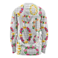 Hawaiian Kakau Tattoo Leis and Palaka Pattern Long Sleeve Shirt Traditional Aloha Tribal White Color