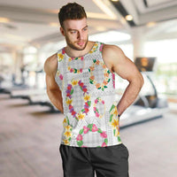 Hawaiian Kakau Tattoo Leis and Palaka Pattern Men Tank Top Traditional Aloha Tribal White Color