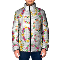 Hawaiian Kakau Tattoo Leis and Palaka Pattern Padded Jacket Traditional Aloha Tribal White Color