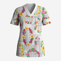 Hawaiian Kakau Tattoo Leis and Palaka Pattern Scrub Top Traditional Aloha Tribal White Color