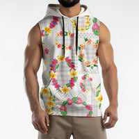 Hawaiian Kakau Tattoo Leis and Palaka Pattern Sleeveless Hoodie Traditional Aloha Tribal White Color