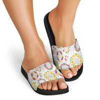 Hawaiian Kakau Tattoo Leis and Palaka Pattern Slide Sandals Traditional Aloha Tribal White Color