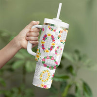 Hawaiian Kakau Tattoo Leis and Palaka Pattern Tumbler With Handle Traditional Aloha Tribal White Color