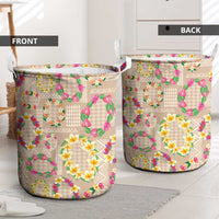 Hawaiian Kakau Tattoo Leis and Palaka Pattern Laundry Basket Traditional Aloha Tribal Beige Color