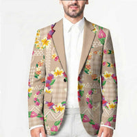 Hawaiian Kakau Tattoo Leis and Palaka Pattern Blazer Traditional Aloha Tribal Beige Color