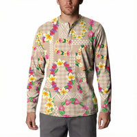 Hawaiian Kakau Tattoo Leis and Palaka Pattern Button Sweatshirt Traditional Aloha Tribal Beige Color