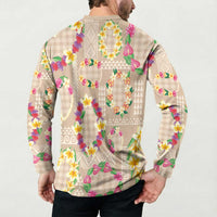 Hawaiian Kakau Tattoo Leis and Palaka Pattern Button Sweatshirt Traditional Aloha Tribal Beige Color