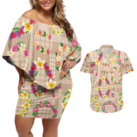 Hawaiian Kakau Tattoo Leis and Palaka Pattern Couples Matching Off Shoulder Short Dress and Hawaiian Shirt Traditional Aloha Tribal Beige Color LT03 Beige - Polynesian Pride