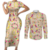 Hawaiian Kakau Tattoo Leis and Palaka Pattern Couples Matching Short Sleeve Bodycon Dress and Long Sleeve Button Shirt Traditional Aloha Tribal Beige Color LT03 Beige - Polynesian Pride