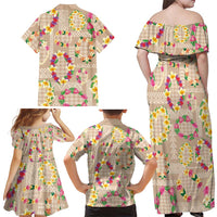 Hawaiian Kakau Tattoo Leis and Palaka Pattern Family Matching Off Shoulder Maxi Dress and Hawaiian Shirt Traditional Aloha Tribal Beige Color LT03 - Polynesian Pride