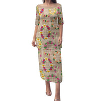 Hawaiian Kakau Tattoo Leis and Palaka Pattern Family Matching Puletasi and Hawaiian Shirt Traditional Aloha Tribal Beige Color LT03 Mom's Dress Beige - Polynesian Pride