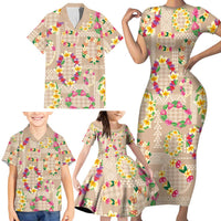 Hawaiian Kakau Tattoo Leis and Palaka Pattern Family Matching Short Sleeve Bodycon Dress and Hawaiian Shirt Traditional Aloha Tribal Beige Color LT03 - Polynesian Pride