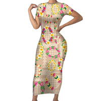 Hawaiian Kakau Tattoo Leis and Palaka Pattern Family Matching Short Sleeve Bodycon Dress and Hawaiian Shirt Traditional Aloha Tribal Beige Color LT03 Mom's Dress Beige - Polynesian Pride
