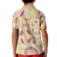 Hawaiian Kakau Tattoo Leis and Palaka Pattern Kid Polo Shirt Traditional Aloha Tribal Beige Color