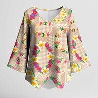 Hawaiian Kakau Tattoo Leis and Palaka Pattern Kimono Sleeve Blouse Traditional Aloha Tribal Beige Color