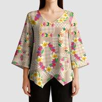 Hawaiian Kakau Tattoo Leis and Palaka Pattern Kimono Sleeve Blouse Traditional Aloha Tribal Beige Color