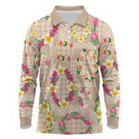 Hawaiian Kakau Tattoo Leis and Palaka Pattern Long Sleeve Polo Shirt Traditional Aloha Tribal Beige Color LT03 Beige - Polynesian Pride