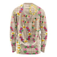 Hawaiian Kakau Tattoo Leis and Palaka Pattern Long Sleeve Shirt Traditional Aloha Tribal Beige Color