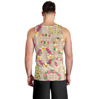 Hawaiian Kakau Tattoo Leis and Palaka Pattern Men Tank Top Traditional Aloha Tribal Beige Color