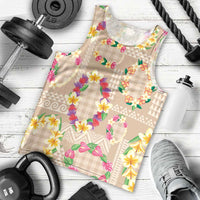 Hawaiian Kakau Tattoo Leis and Palaka Pattern Men Tank Top Traditional Aloha Tribal Beige Color