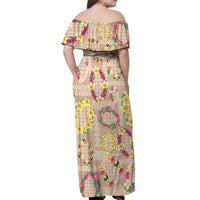 Hawaiian Kakau Tattoo Leis and Palaka Pattern Off Shoulder Maxi Dress Traditional Aloha Tribal Beige Color