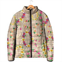Hawaiian Kakau Tattoo Leis and Palaka Pattern Padded Jacket Traditional Aloha Tribal Beige Color