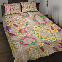 Hawaiian Kakau Tattoo Leis and Palaka Pattern Quilt Bed Set Traditional Aloha Tribal Beige Color