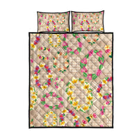Hawaiian Kakau Tattoo Leis and Palaka Pattern Quilt Bed Set Traditional Aloha Tribal Beige Color