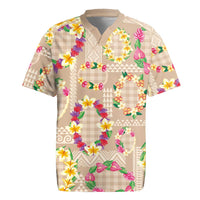 Hawaiian Kakau Tattoo Leis and Palaka Pattern Rugby Jersey Traditional Aloha Tribal Beige Color