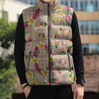 Hawaiian Kakau Tattoo Leis and Palaka Pattern Sleeveless Puffer Jacket Traditional Aloha Tribal Beige Color