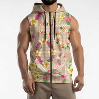 Hawaiian Kakau Tattoo Leis and Palaka Pattern Sleeveless Zip Hoodie Traditional Aloha Tribal Beige Color