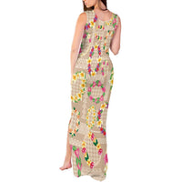 Hawaiian Kakau Tattoo Leis and Palaka Pattern Tank Maxi Dress Traditional Aloha Tribal Beige Color