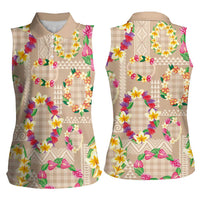 Hawaiian Kakau Tattoo Leis and Palaka Pattern Women Sleeveless Polo Shirt Traditional Aloha Tribal Beige Color LT03 - Polynesian Pride