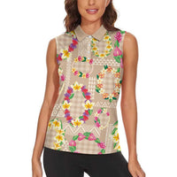 Hawaiian Kakau Tattoo Leis and Palaka Pattern Women Sleeveless Polo Shirt Traditional Aloha Tribal Beige Color LT03 - Polynesian Pride