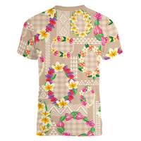 Hawaiian Kakau Tattoo Leis and Palaka Pattern Women V-Neck T-Shirt Traditional Aloha Tribal Beige Color LT03 - Polynesian Pride
